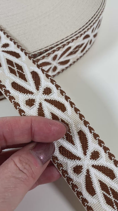 Diamond Floral Jacquard Webbing - CINNAMON & IVORY - 1.5" wide