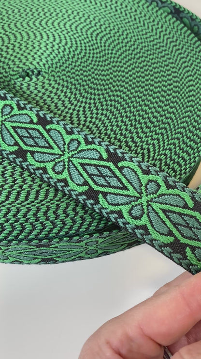 Diamond Floral Jacquard Webbing - EMERALD & BLUE - 1.5" wide