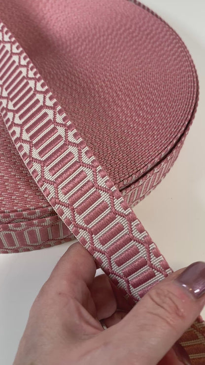 Trellis Jacquard Webbing - BUBBLEGUM PINK & IVORY - 1.5" wide