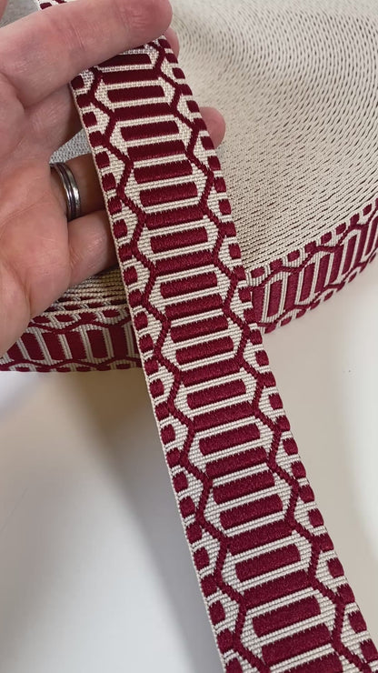 Trellis Jacquard Webbing - CRANBERRY & IVORY - 1.5" wide