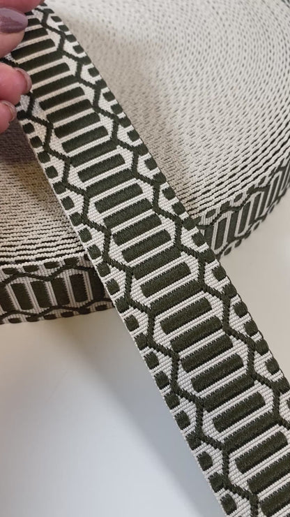 Trellis Jacquard Webbing - OLIVE & IVORY - 1.5" wide