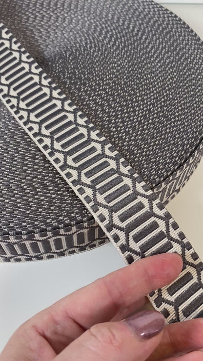 Trellis Jacquard Webbing - CHARCOAL & IVORY - 1.5" wide