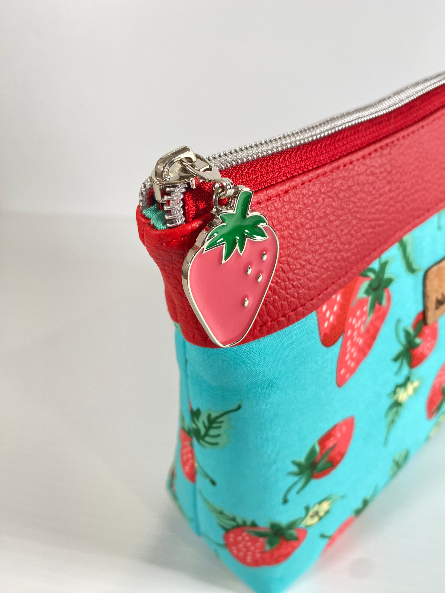 Zipper Pouch - Strawberries on Aqua with red faux leather