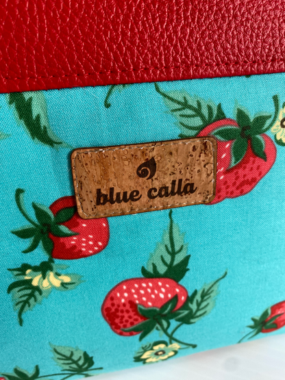 Zipper Pouch - Strawberries on Aqua with red faux leather