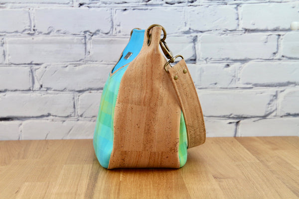 Delphinium Hobo bag in natural cork and Alison Glass plaid - small size