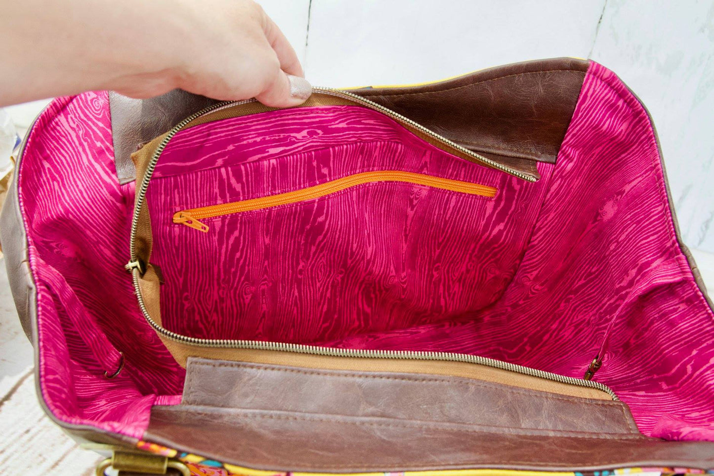 Shoulder Bag in Rose floral on Mustard with Brown Faux leather