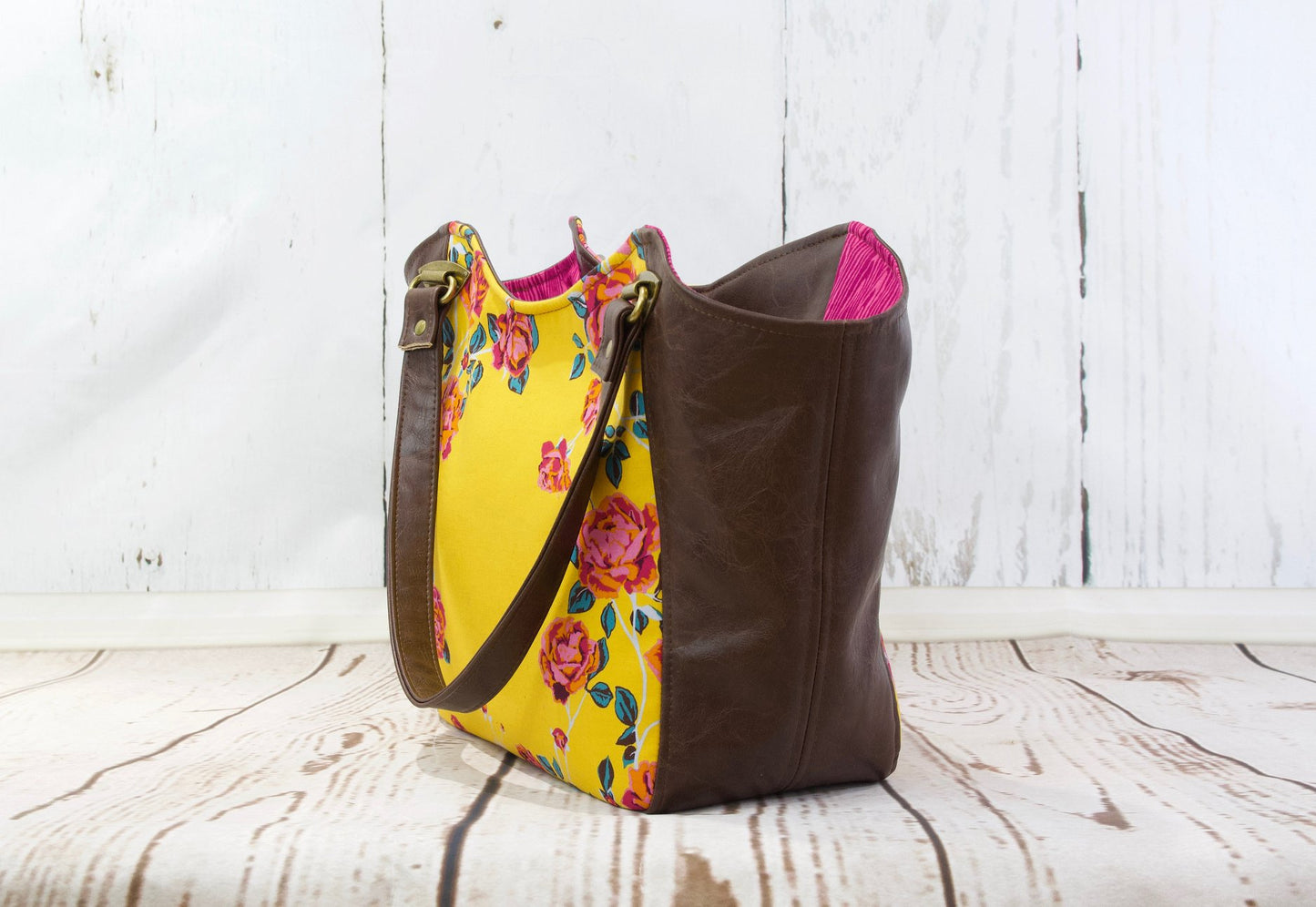 Shoulder Bag in Rose floral on Mustard with Brown Faux leather
