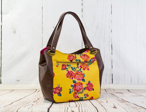 Shoulder Bag in Rose floral on Mustard with Brown Faux leather