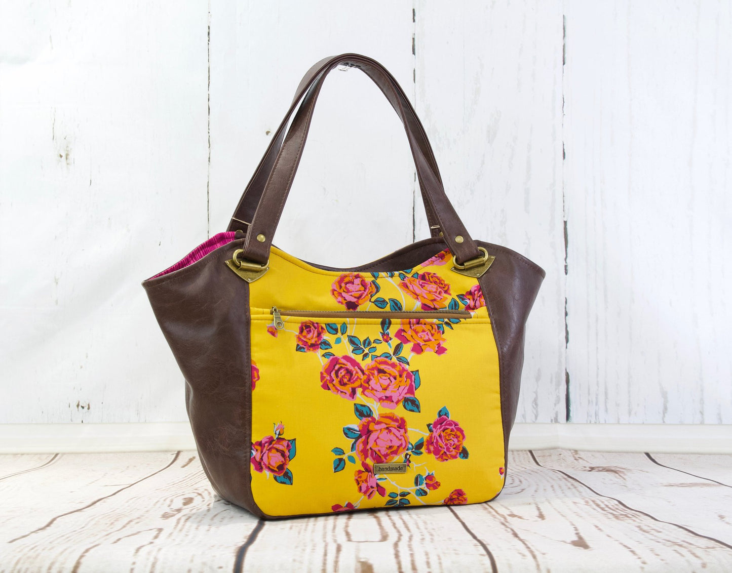 Shoulder Bag in Rose floral on Mustard with Brown Faux leather