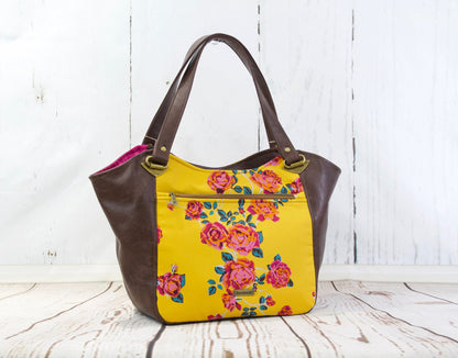 Shoulder Bag in Rose floral on Mustard with Brown Faux leather