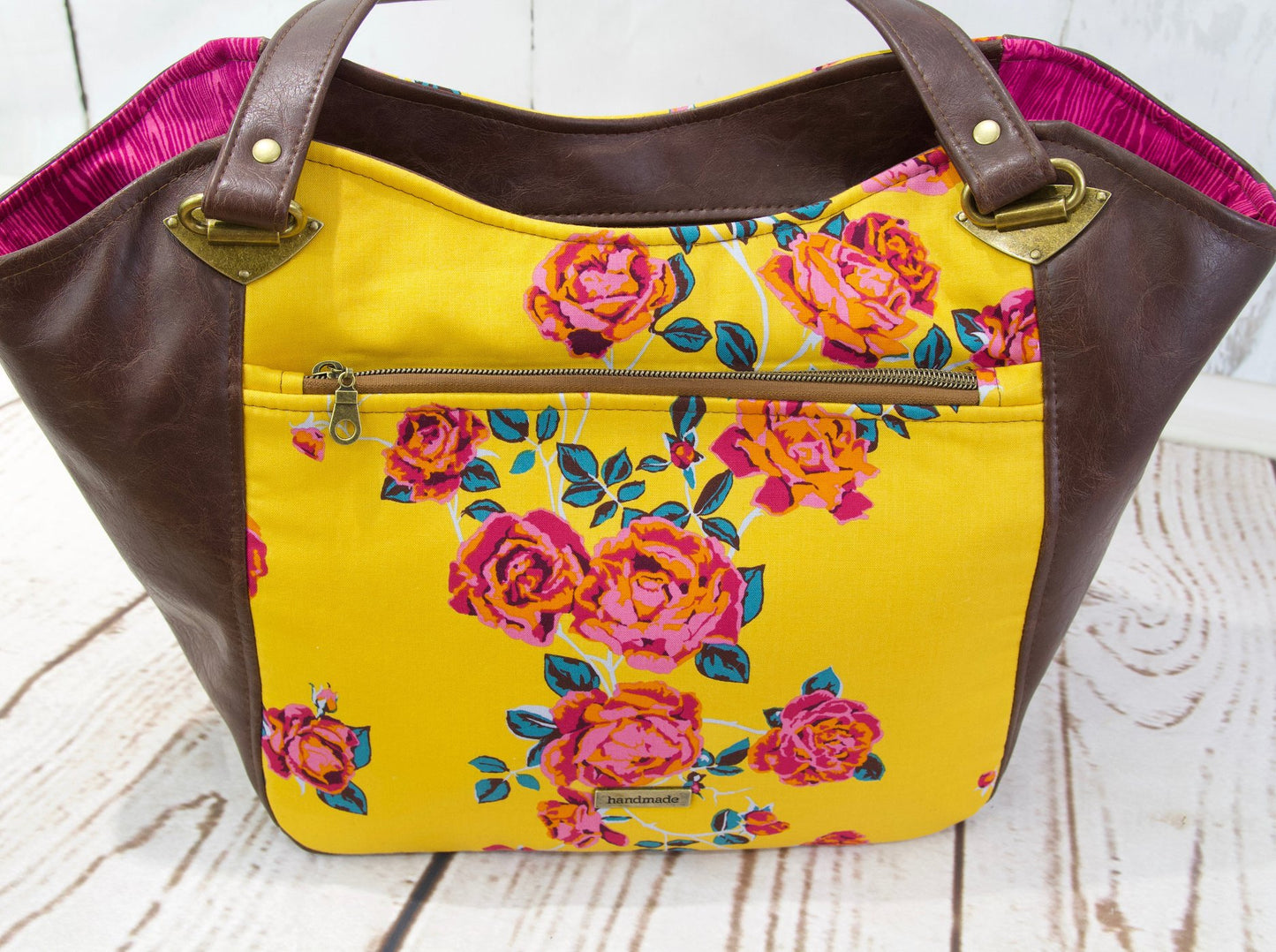 Shoulder Bag in Rose floral on Mustard with Brown Faux leather
