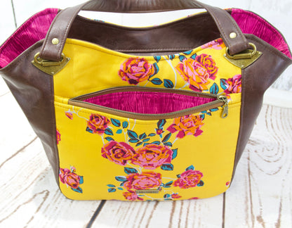 Shoulder Bag in Rose floral on Mustard with Brown Faux leather