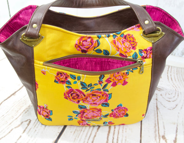 Shoulder Bag in Rose floral on Mustard with Brown Faux leather