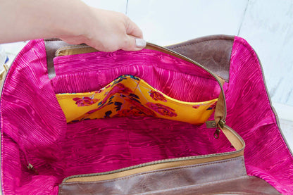 Shoulder Bag in Rose floral on Mustard with Brown Faux leather