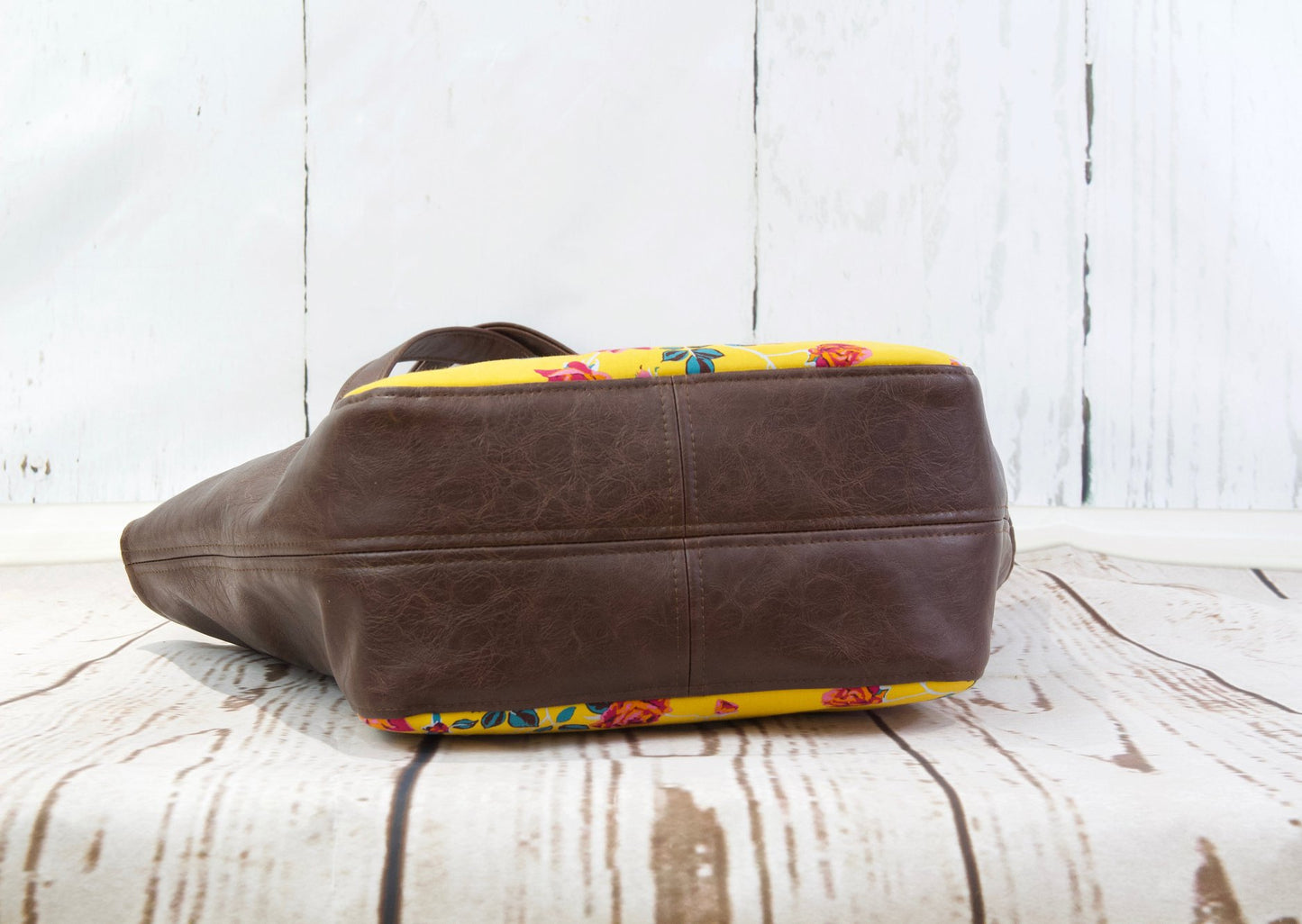 Shoulder Bag in Rose floral on Mustard with Brown Faux leather