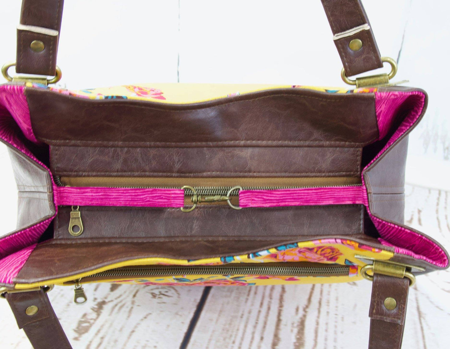 Shoulder Bag in Rose floral on Mustard with Brown Faux leather