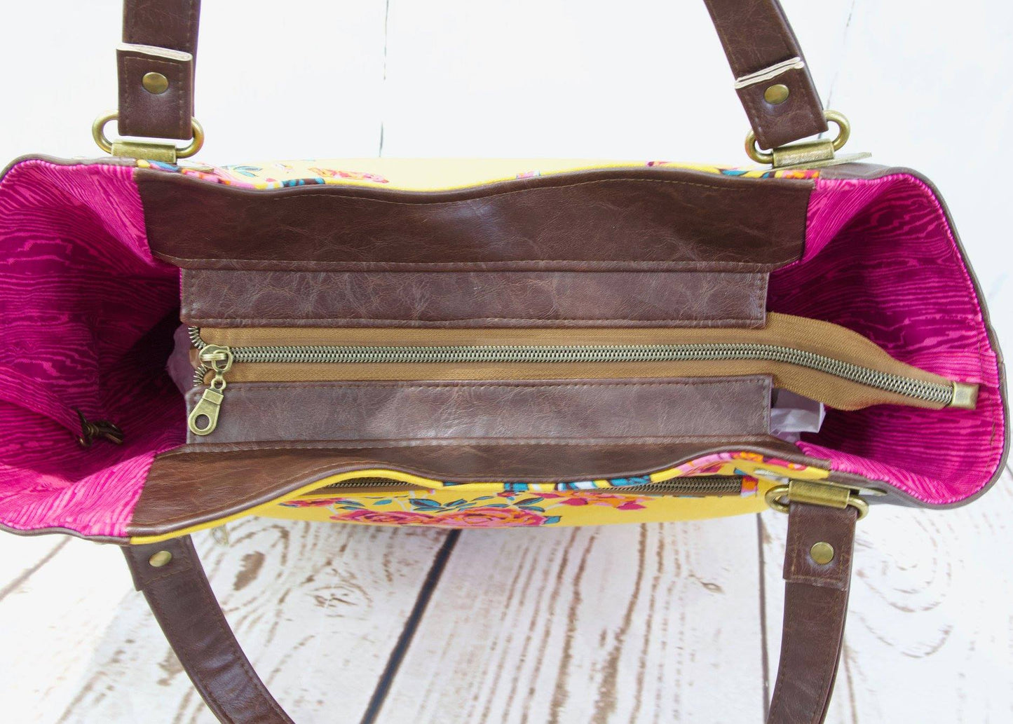 Shoulder Bag in Rose floral on Mustard with Brown Faux leather