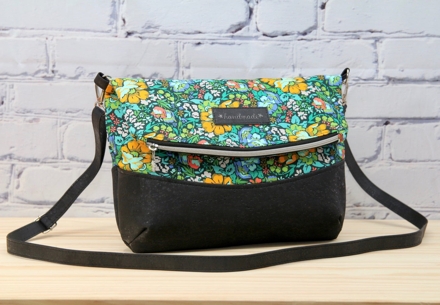 Freesia Foldover Bag in Anna Maria Floral on black with black cork