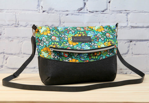 Freesia Foldover Bag in Anna Maria Floral on black with black cork