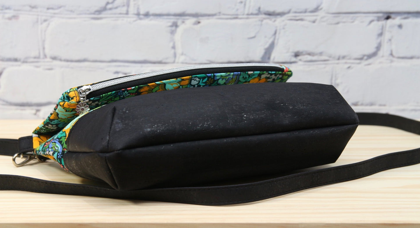 Freesia Foldover Bag in Anna Maria Floral on black with black cork