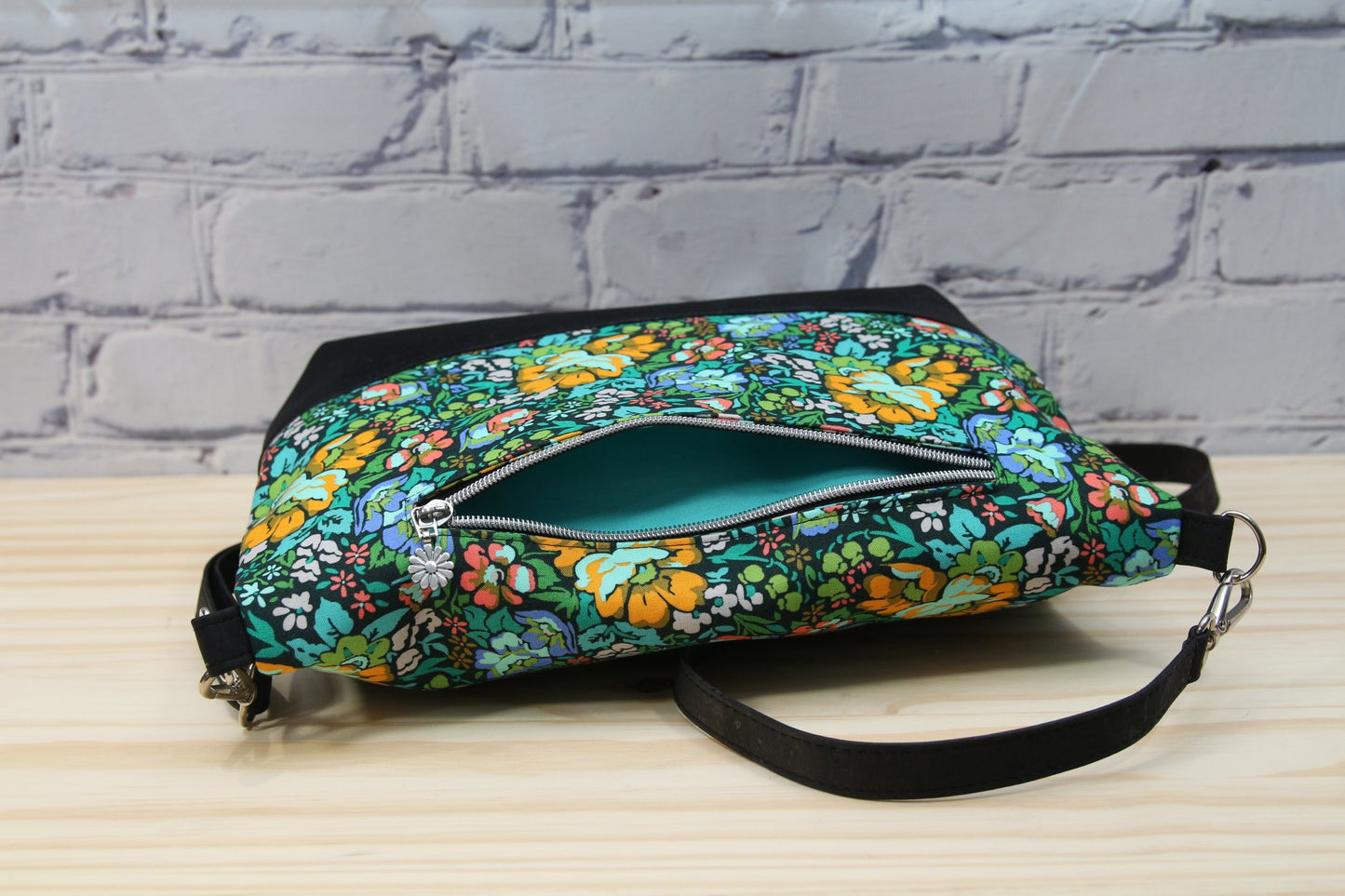 Freesia Foldover Bag in Anna Maria Floral on black with black cork