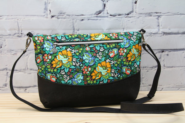 Freesia Foldover Bag in Anna Maria Floral on black with black cork