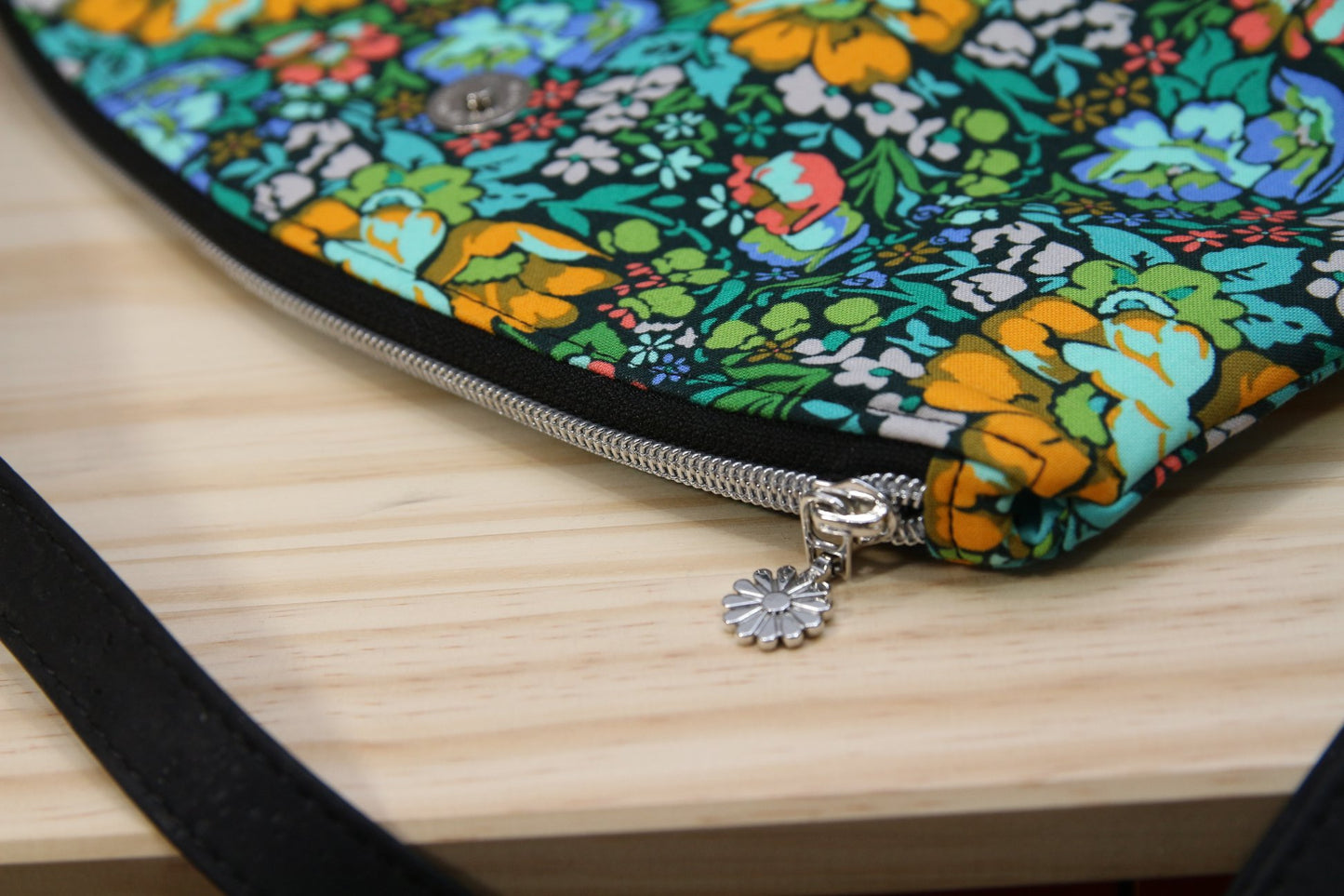 Freesia Foldover Bag in Anna Maria Floral on black with black cork
