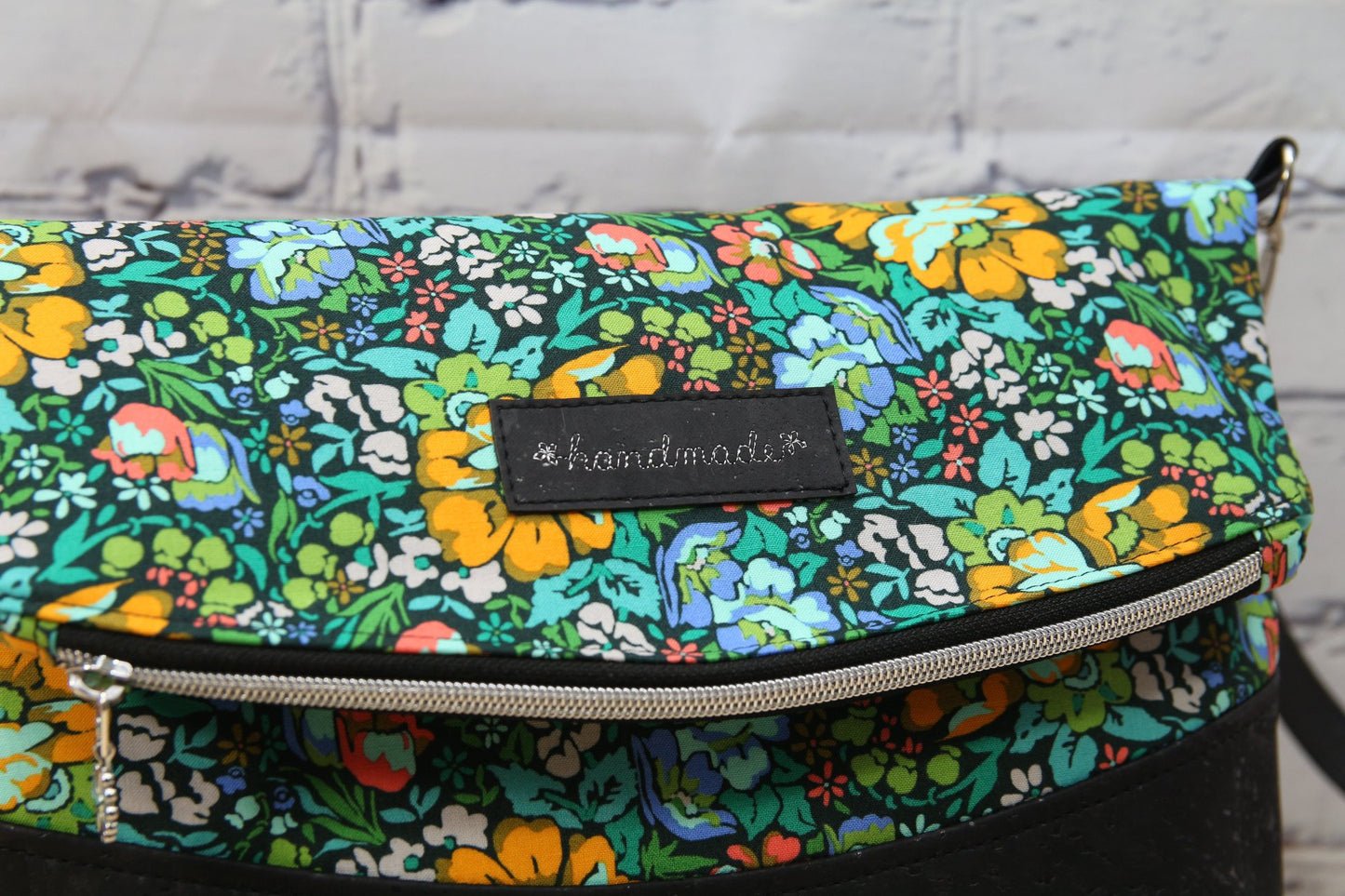 Freesia Foldover Bag in Anna Maria Floral on black with black cork