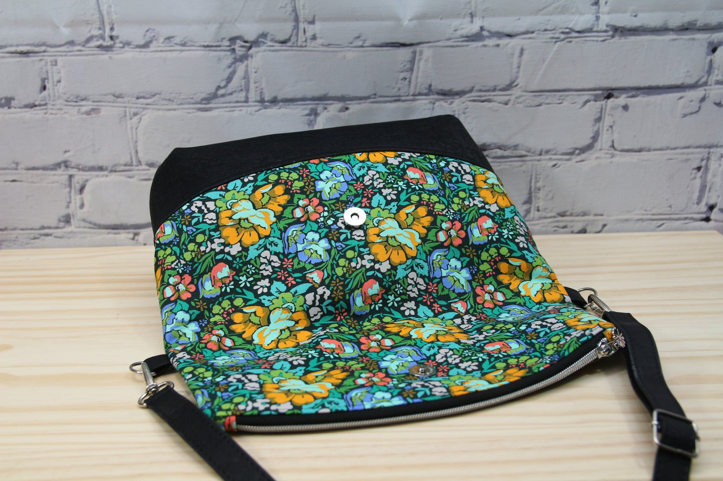 Freesia Foldover Bag in Anna Maria Floral on black with black cork