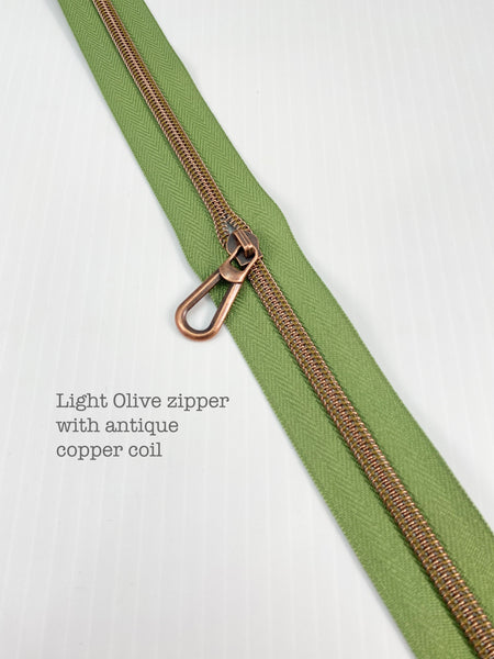 ANTIQUE COPPER COIL - LIGHT OLIVE - #5 Metallic Nylon Coil Zipper tape