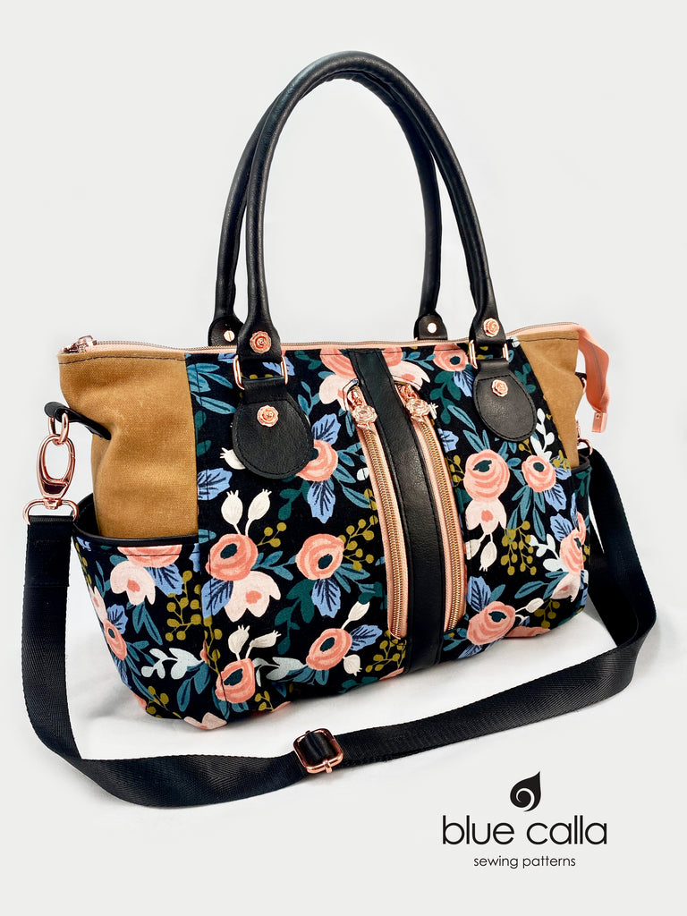 Amaryllis Tote in Rifle Paper Canvas Floral with Gold waxed canvas and black faux leather