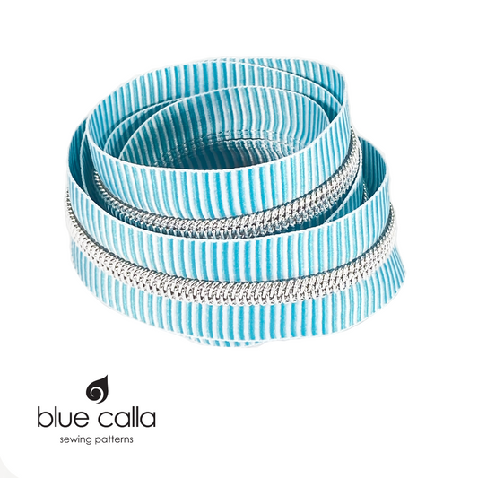 SILVER COIL - AQUA AND WHITE STRIPE - #5 Metallic Nylon Coil Zipper tape