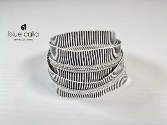 SILVER COIL - BLACK AND WHITE STRIPE - #5 Metallic Nylon Coil Zipper tape