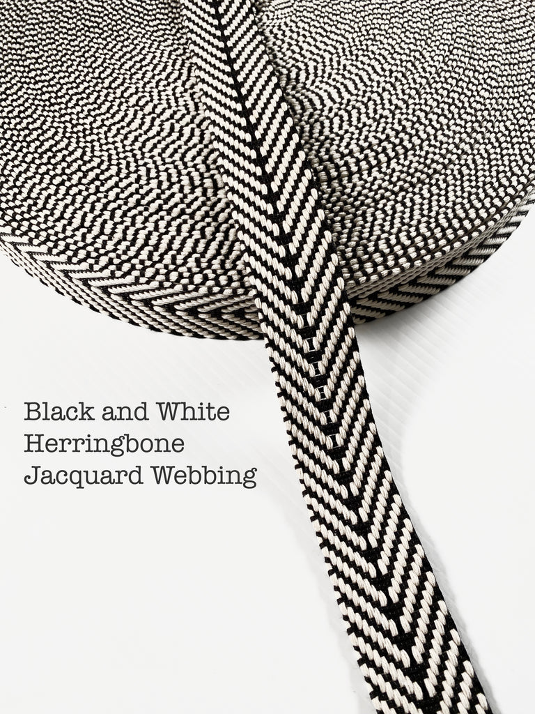 Black and White Herringbone Jacquard Webbing - 1.5" wide