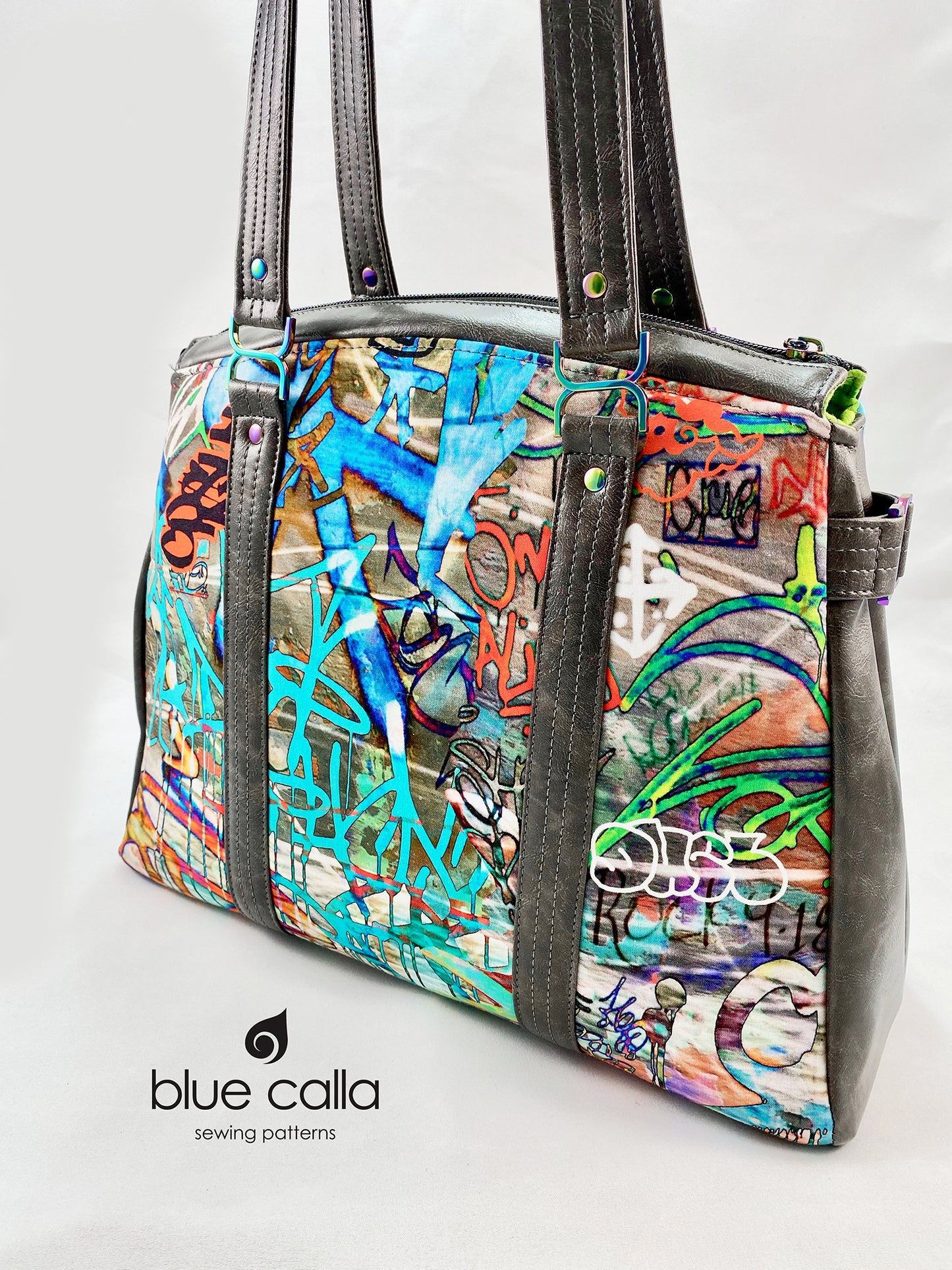 Snowdrop Shoulder bag in Graffiti with Dark Grey Distressed Faux Leather