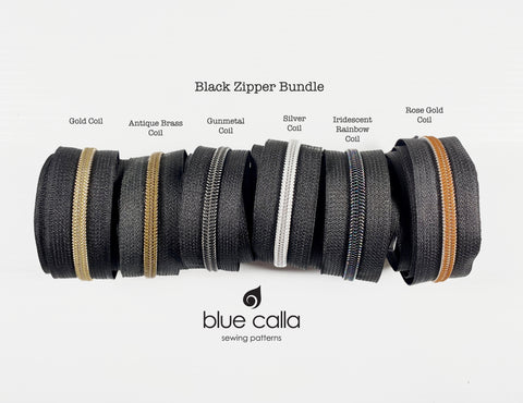 #5 Metallic Nylon Coil Zipper tape - Black tape bundle with 6 finishes