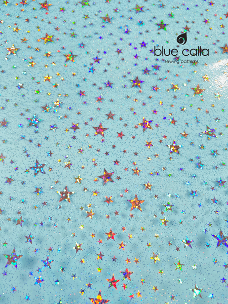 Printed Clear Vinyl (12 gauge) - Iridescent Stars in Blue with confetti