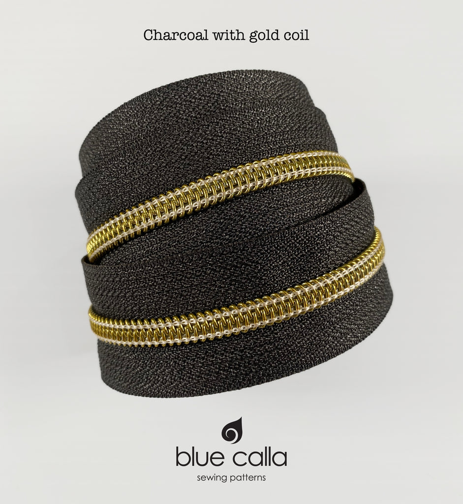 GOLD COIL - CHARCOAL - #5 Metallic Nylon Coil Zipper tape