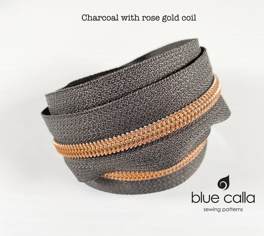 ROSE GOLD COIL - CHARCOAL - #5 Metallic Nylon Coil Zipper tape