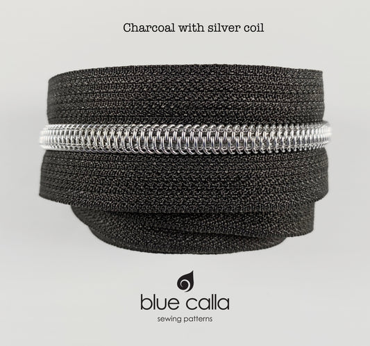 SILVER COIL - CHARCOAL - #5 Metallic Nylon Coil Zipper tape