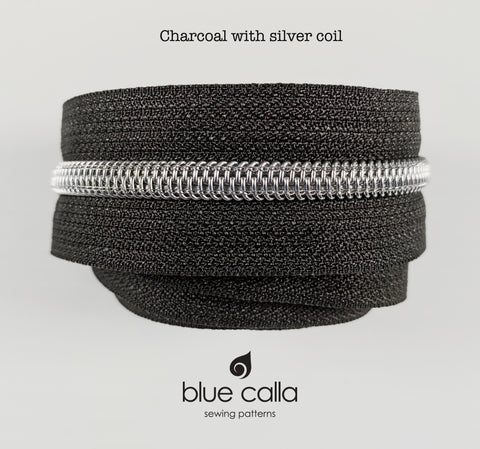 SILVER COIL - CHARCOAL - #5 Metallic Nylon Coil Zipper tape