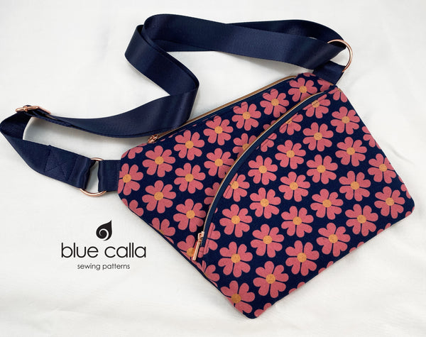 Foxtail Cross body sling in Pink Daisies on Navy