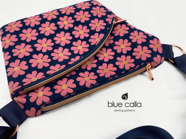 Foxtail Cross body sling in Pink Daisies on Navy