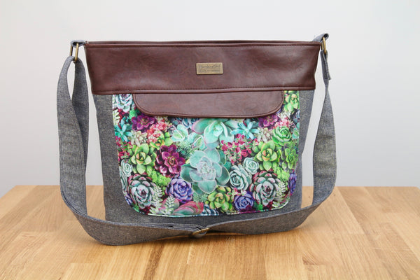 Buttercup Bucket bag in Metallic Essex Linen, Succulents and brown faux leather