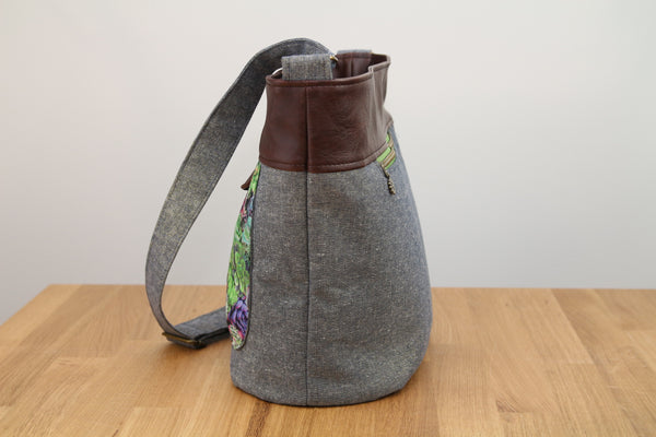 Buttercup Bucket bag in Metallic Essex Linen, Succulents and brown faux leather
