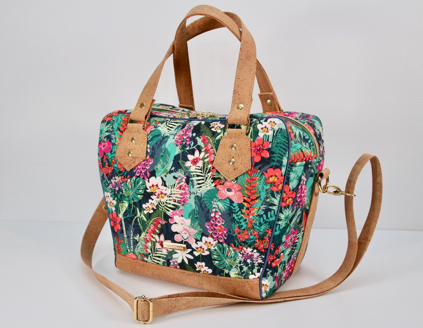 Coleus Bowler Bag in Tropical Floral with natural cork