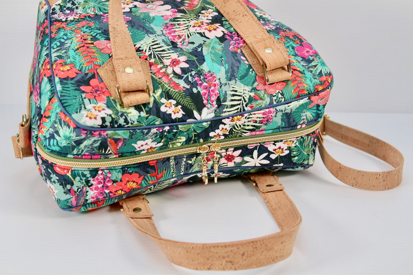 Coleus Bowler Bag in Tropical Floral with natural cork