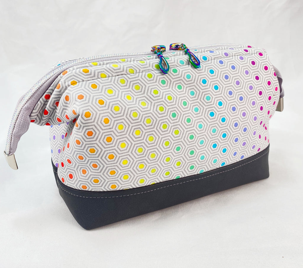 Toiletry Bag with frame in Rainbow Hexies