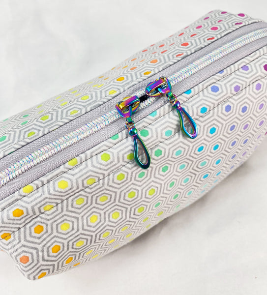 Toiletry Bag with frame in Rainbow Hexies