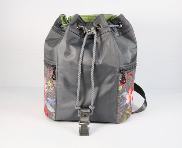 Waterproof Canvas Drawstring Backpack with Floral on Grey